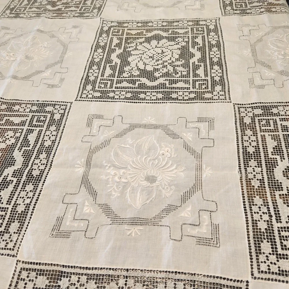 Vtg Filet Lace And Embroidered Panels Patchwork Tablecloth Cottagecore 66 X 88